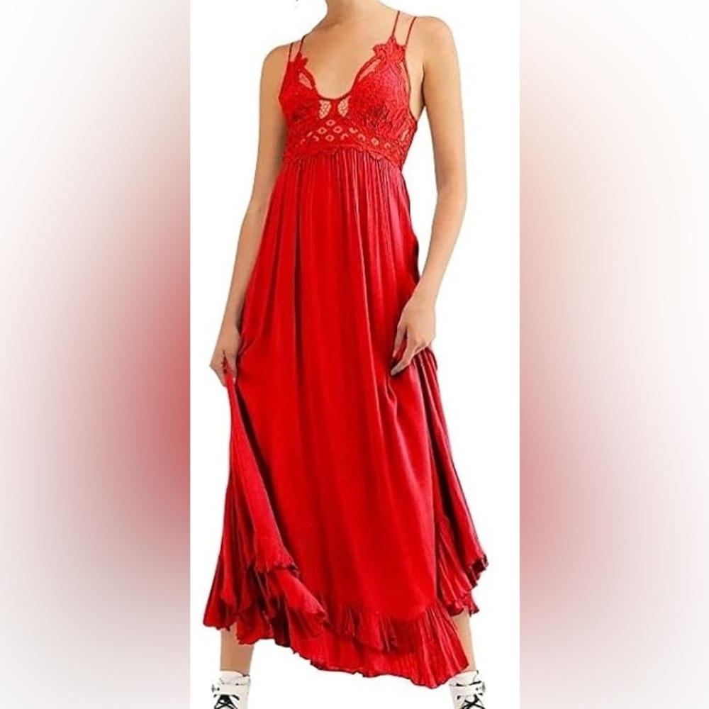 Free People Red Pleated Sundress Maxi